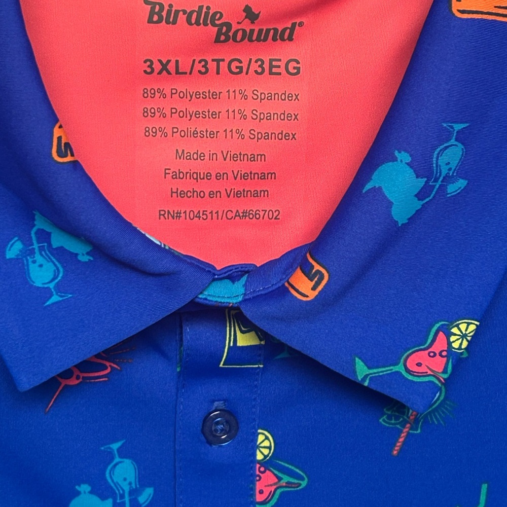 Birdie Bound Polo Shirt Mens 2XL Blue Cocktail Drinks Golf Performance New